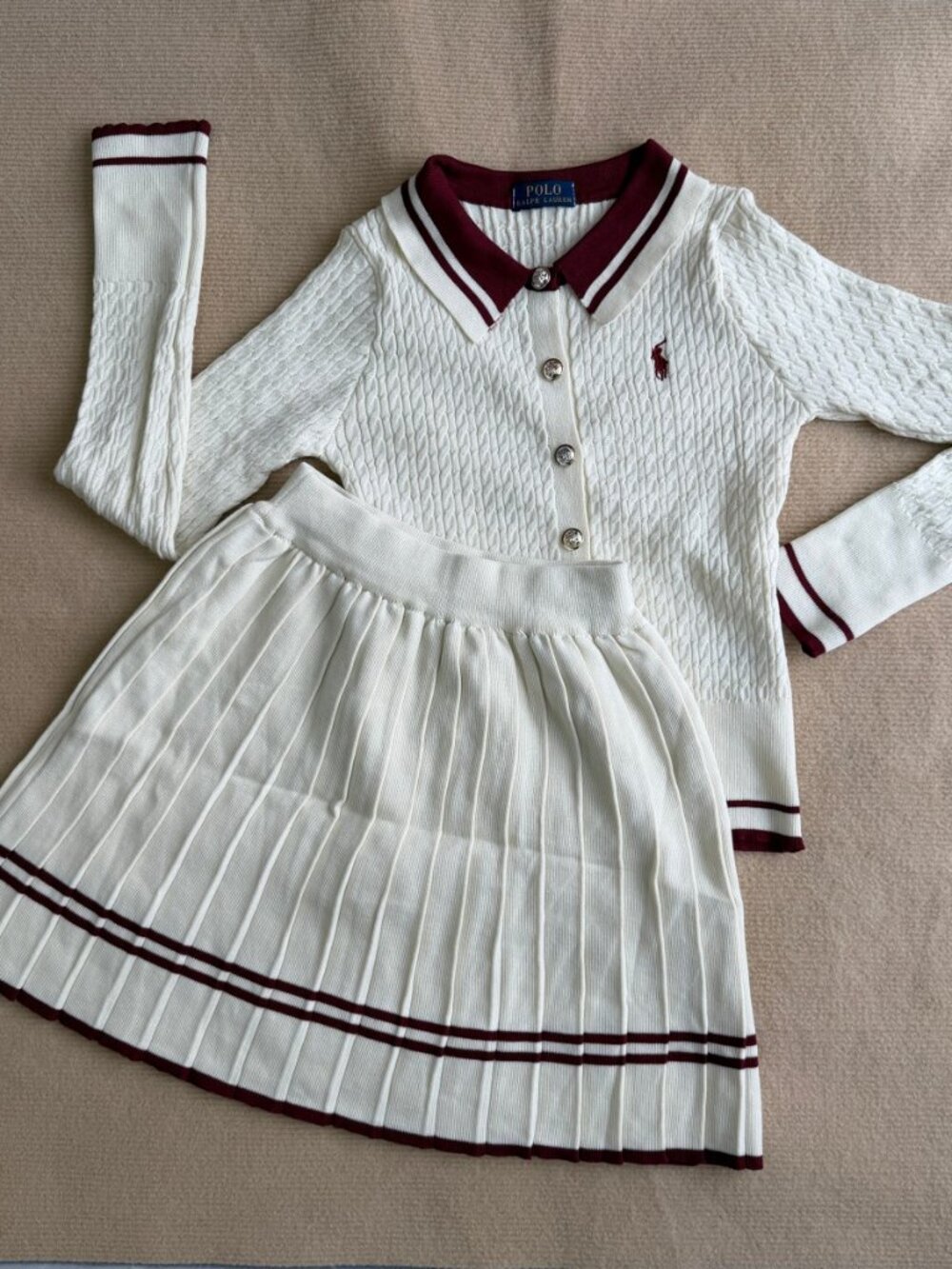 Polo Ralph Lauren Women Preppy Cable Knit 2 Piece Set Striped Polo Cardigan - Picture 6 of 8